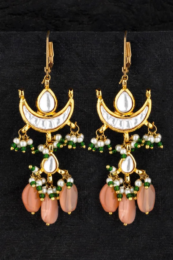 Gold Finish Coral Green Half Moon Kundan Earrings