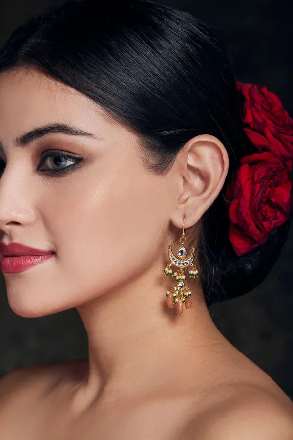 Gold Finish Coral Green Half Moon Kundan Earrings