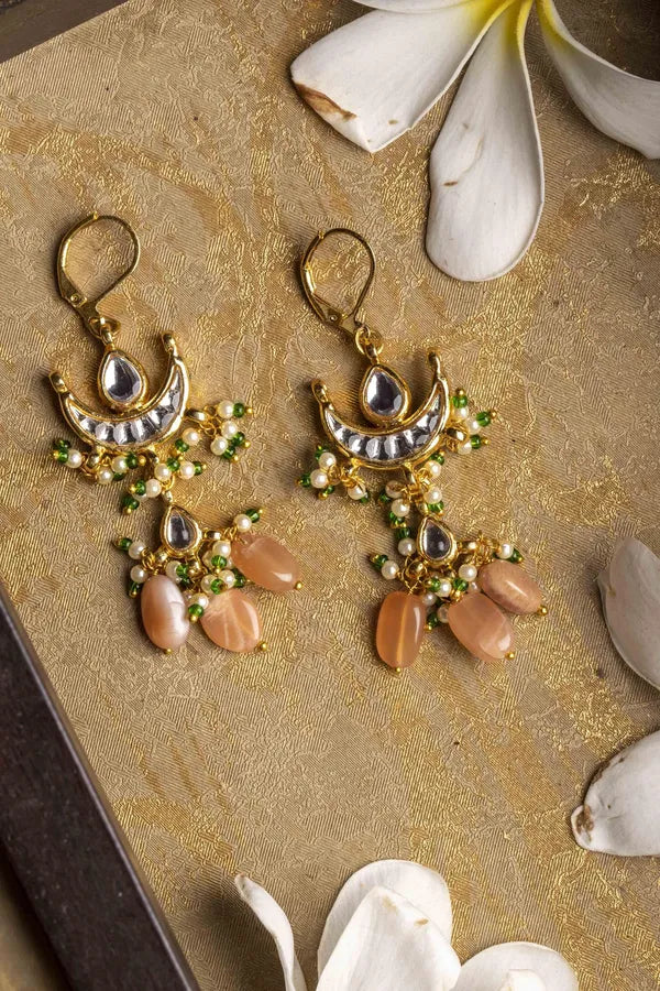 Gold Finish Coral Green Half Moon Kundan Earrings
