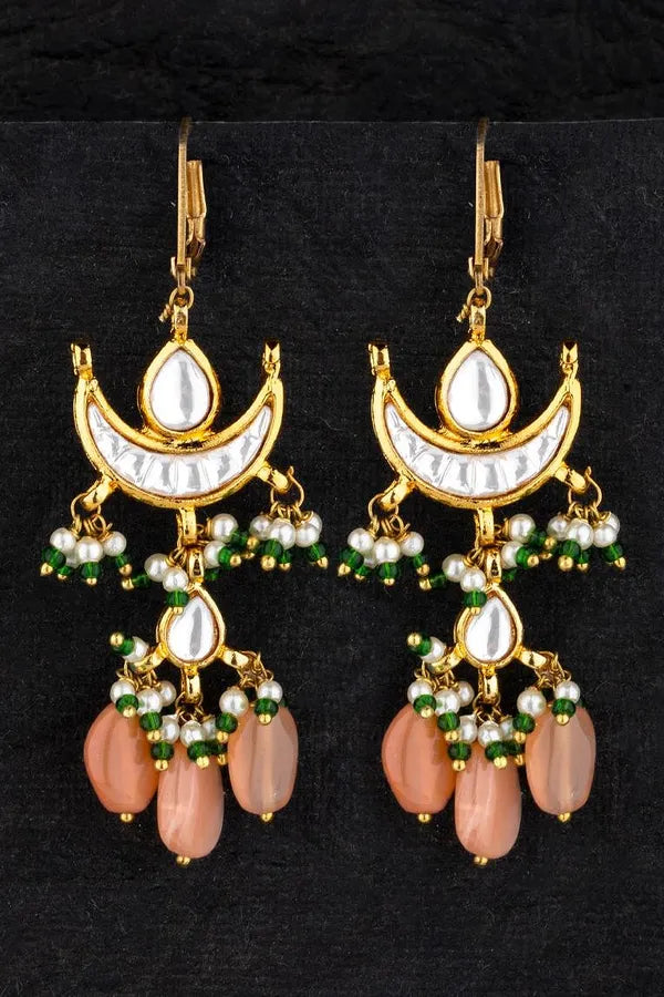 Gold Finish Coral Green Half Moon Kundan Earrings
