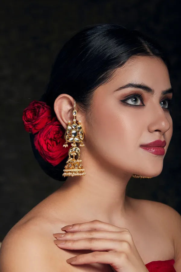 White Pearls & Kundan Jhumki Earrings
