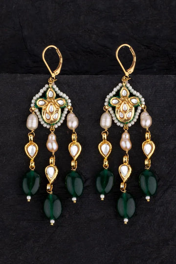 Gold Finish Emerald Lehar Pearl Kundan Earrings