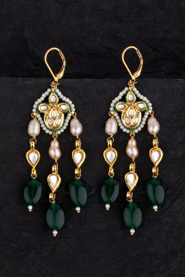 Gold Finish Emerald Lehar Pearl Kundan Earrings