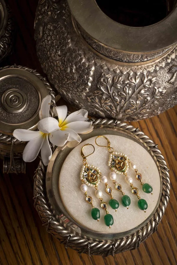 Gold Finish Emerald Lehar Pearl Kundan Earrings