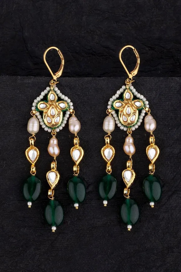 Gold Finish Emerald Lehar Pearl Kundan Earrings