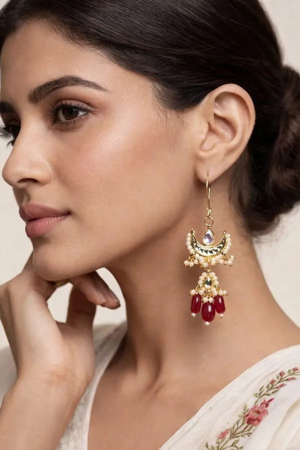 Gold Finish Ruby Pearl Half Moon Kundan Earrings