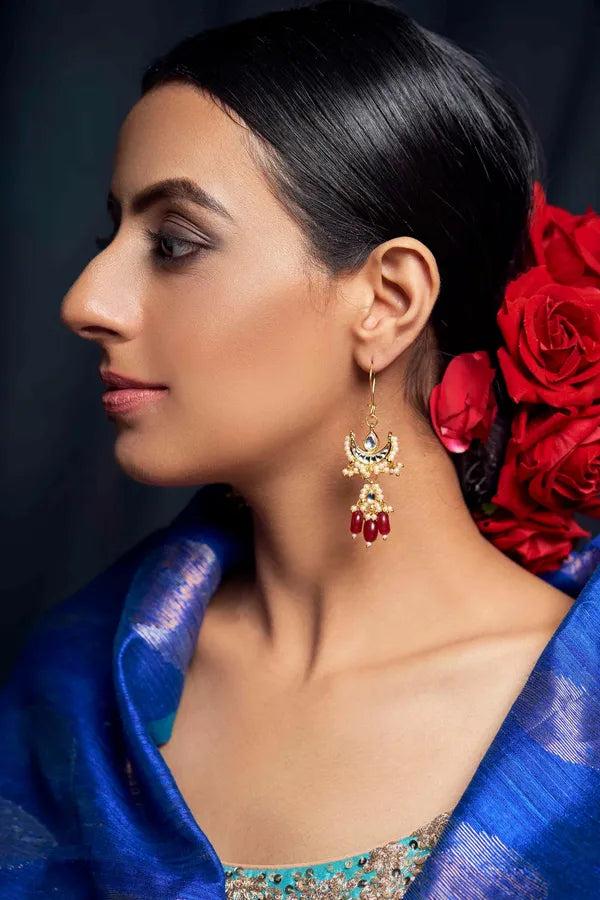 Gold Finish Ruby Pearl Half Moon Kundan Earrings