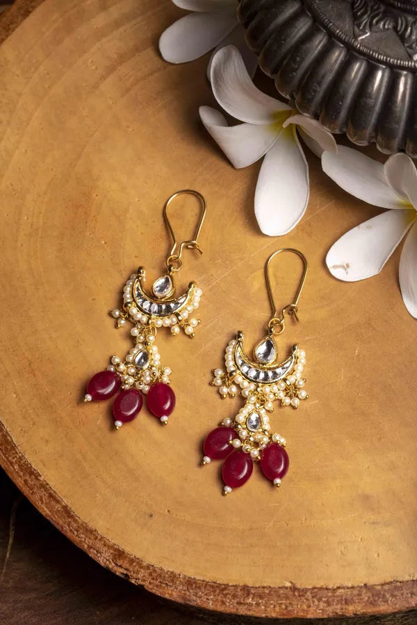 Gold Finish Ruby Pearl Half Moon Kundan Earrings