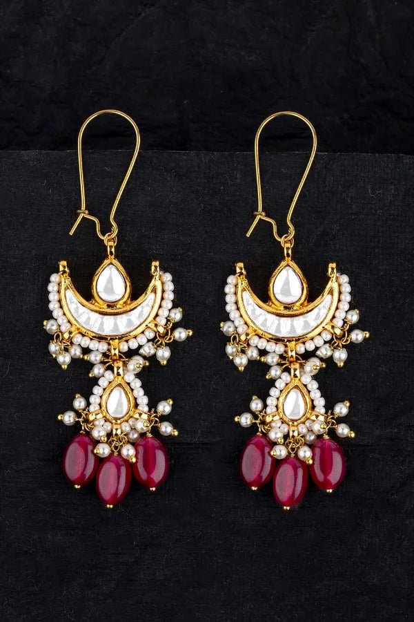 Gold Finish Ruby Pearl Half Moon Kundan Earrings