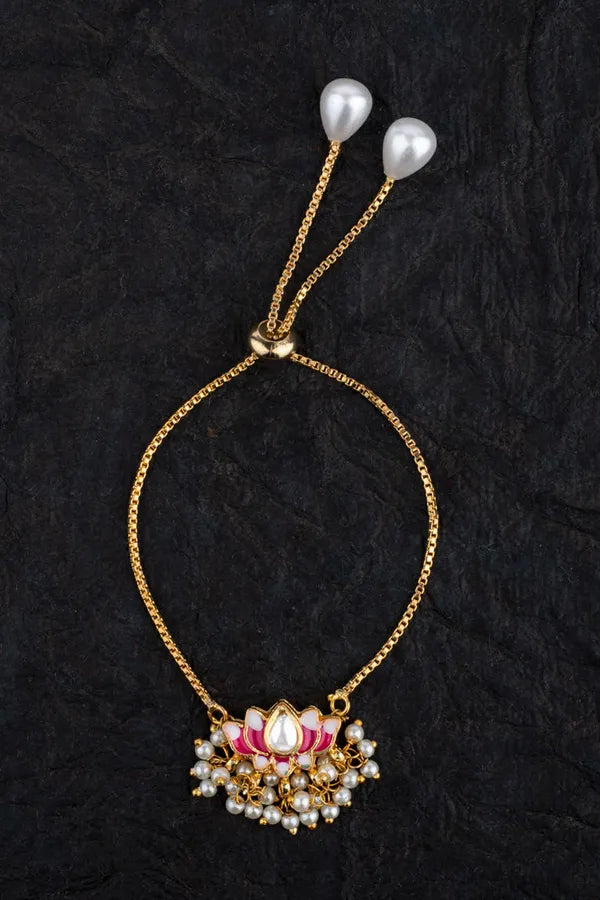 Pink & White Lotus with Pearls Gold Chain Bracelet
