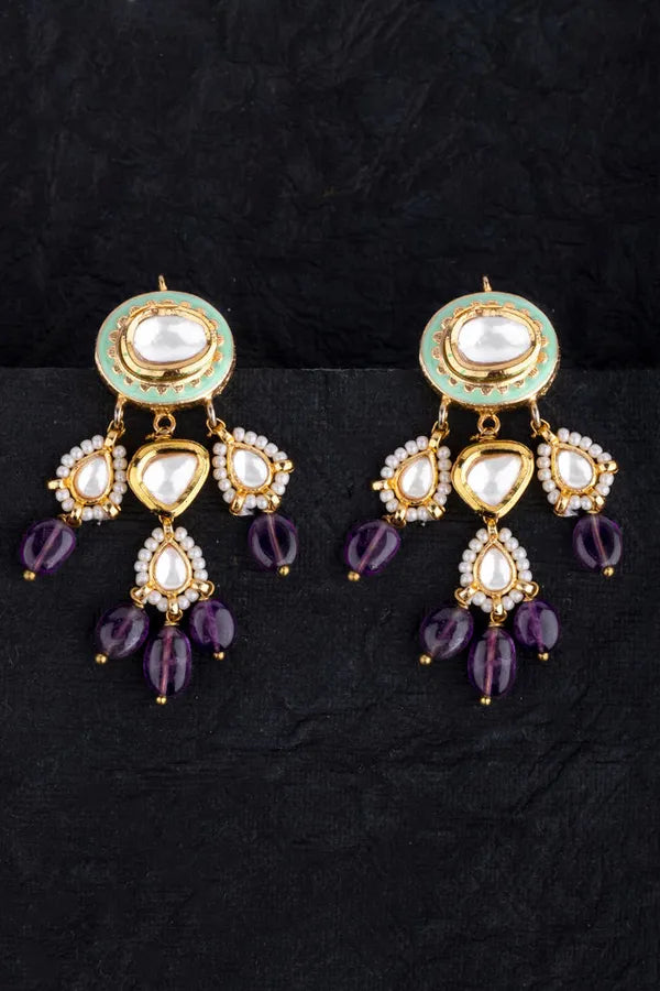 Meenakari Purple Amethyst Kundan Pearl Dangler Earrings