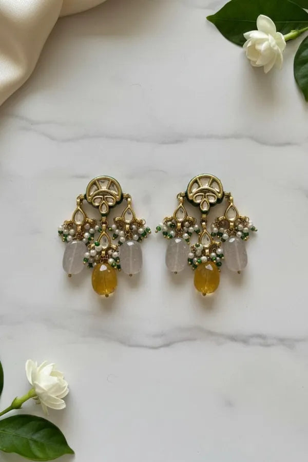 Gold Finish Citric Green Yellow Kundan Earrings