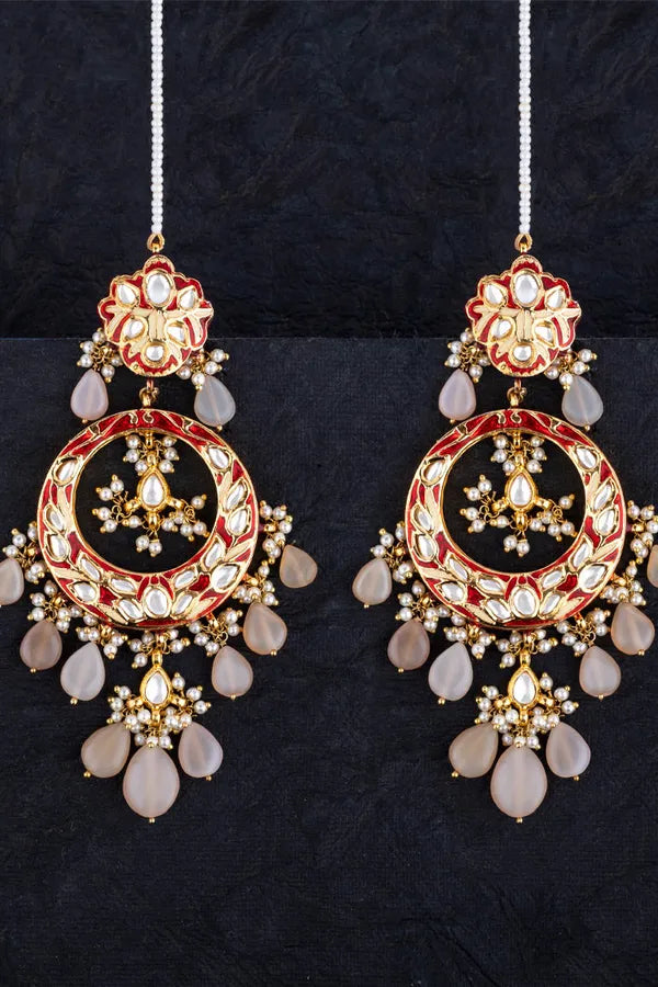 Red Meenakari with Pink Drops Kundan Chandbali Earrings