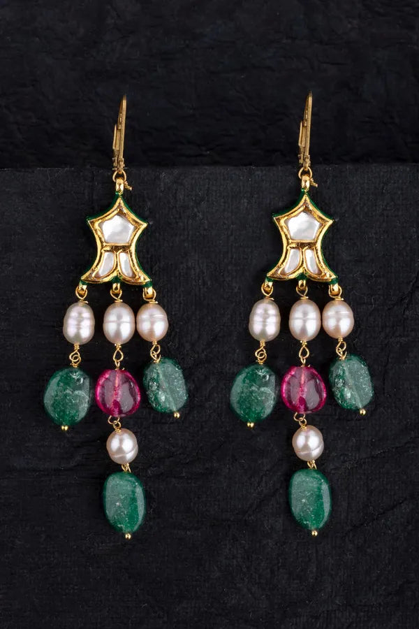 Gold Finish Emerald Tourmaline Pearl Drop Fish Earrings