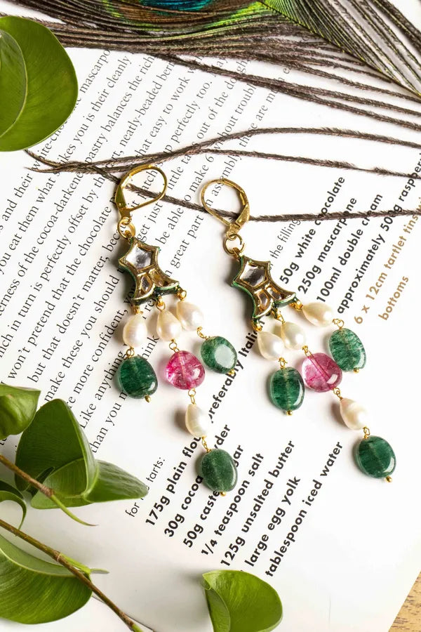 Gold Finish Emerald Tourmaline Pearl Drop Fish Earrings