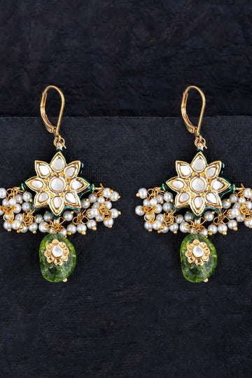 Olive Green Floral Pearl Earrings