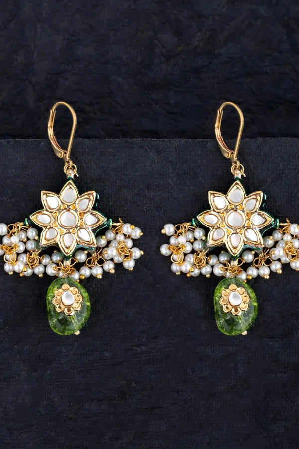 Olive Green Floral Pearl Earrings
