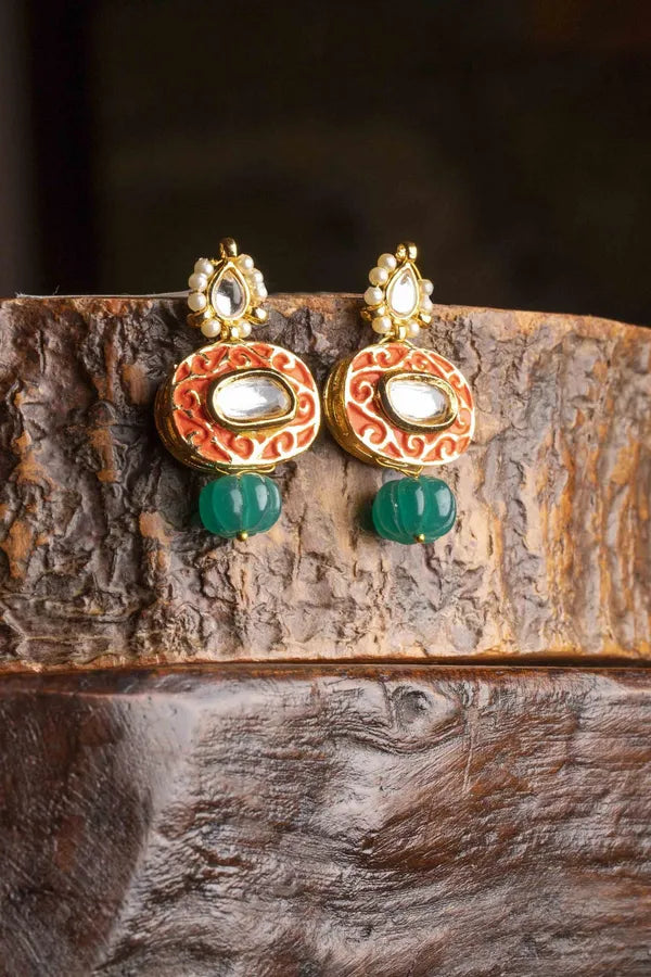 Orange Meenakari Green Drop Earrings