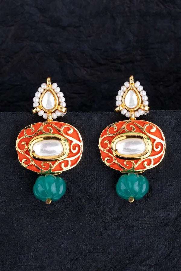 Orange Meenakari Green Drop Earrings