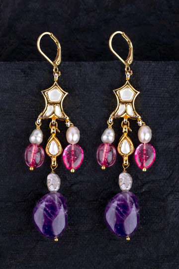 Gold Finish Pink Amethyst Tourmaline Kundan Drop Earrings