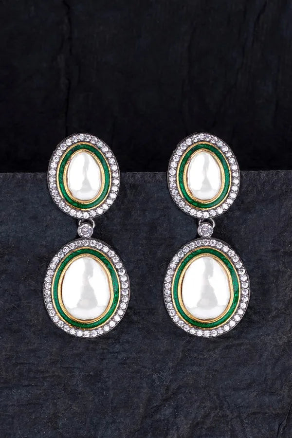 Green Zirconia Kundan Drop Earrings