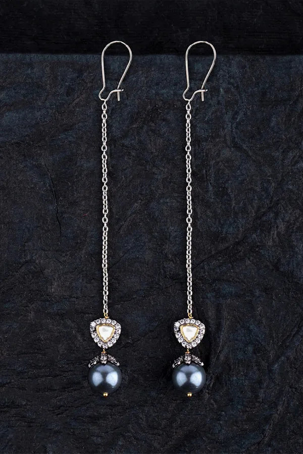 Grey Pearl Long Zirconia Dangler Earrings