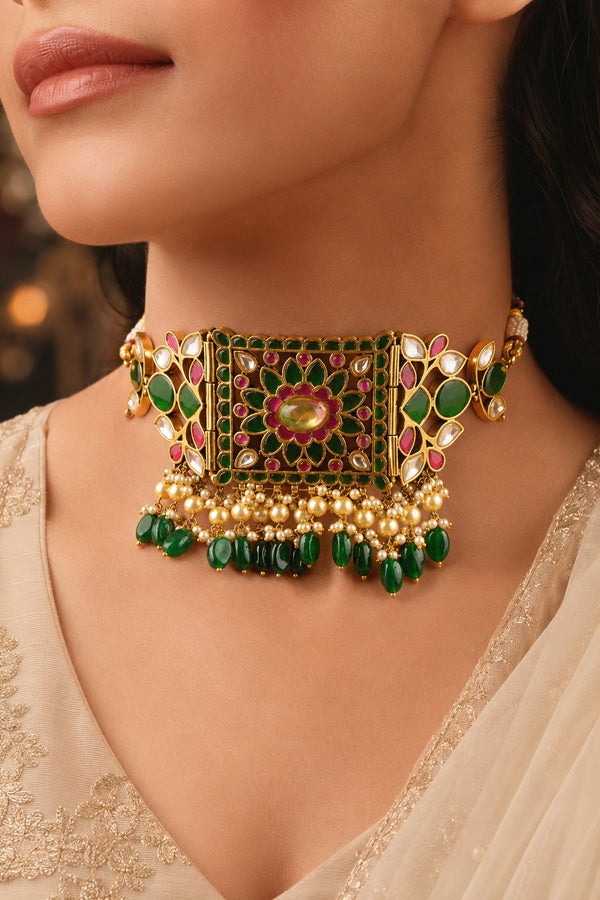 Pink & Green Kundan Pearls & Green Drops Necklace