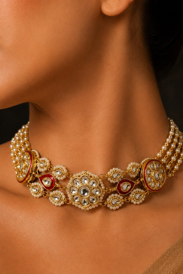 Red Meena Gold Kundan Pearl Chain Choker Necklace