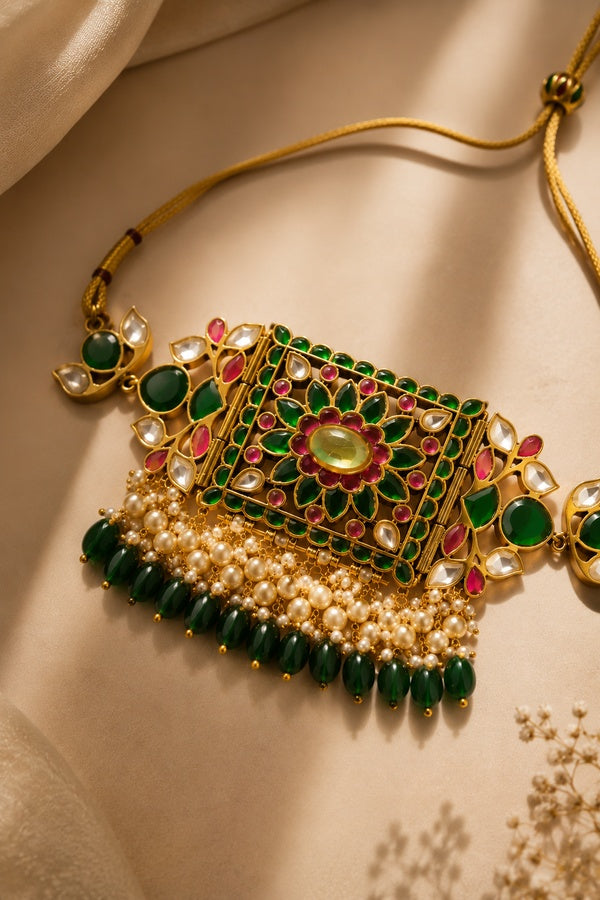Pink & Green Kundan Pearls & Green Drops Necklace