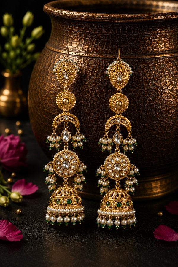Royal Floral Kundan Gold Finish Pearl Jhumka Dangler Earrings