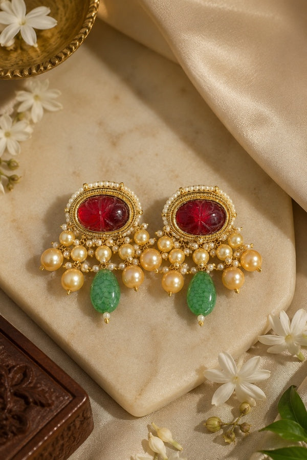 Red Ruby & Pearls Drop Earrings