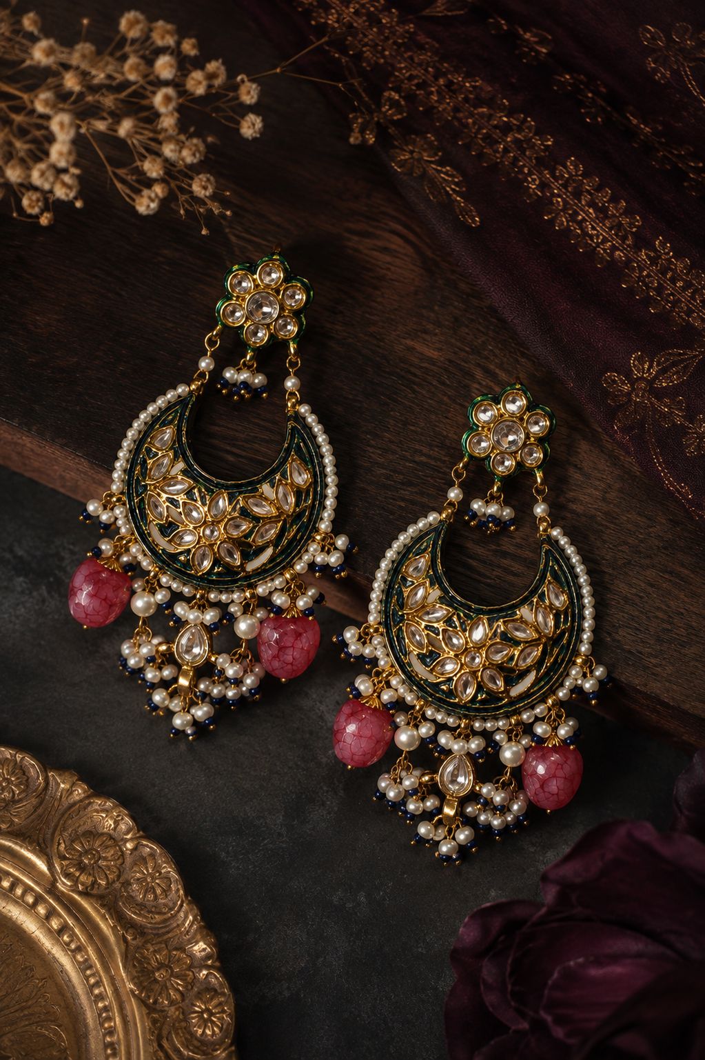 Blue Meenakari with Pearls Chandbali Earrings