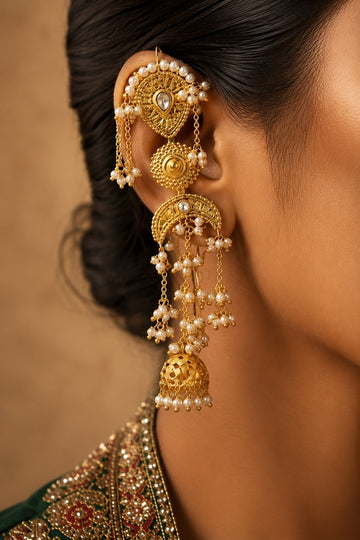 Gold Finish Kundan Pearl Tassel Jhumki Earrings