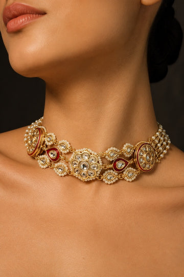 Red Meena Gold Kundan Pearl Chain Choker Necklace