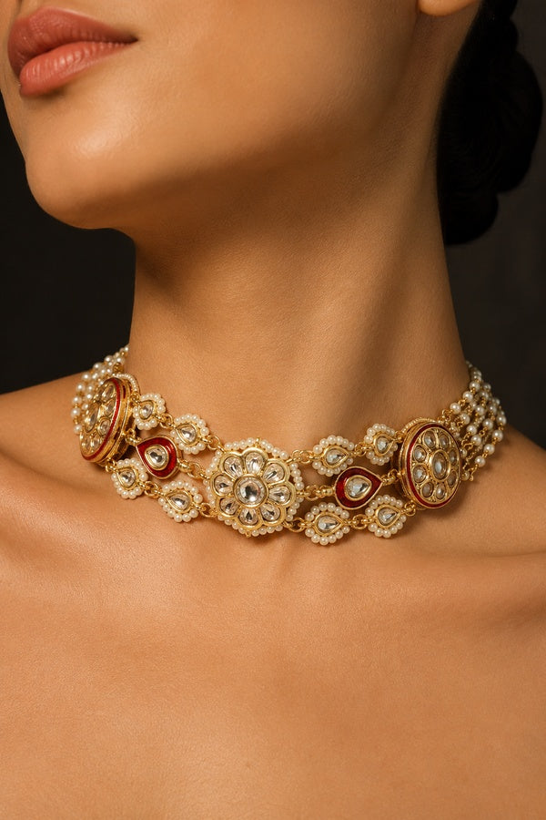 Red Meena Gold Kundan Pearl Chain Choker Necklace
