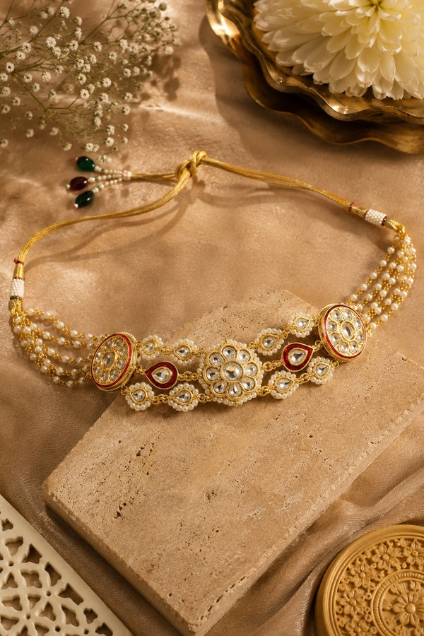Red Meena Gold Kundan Pearl Chain Choker Necklace