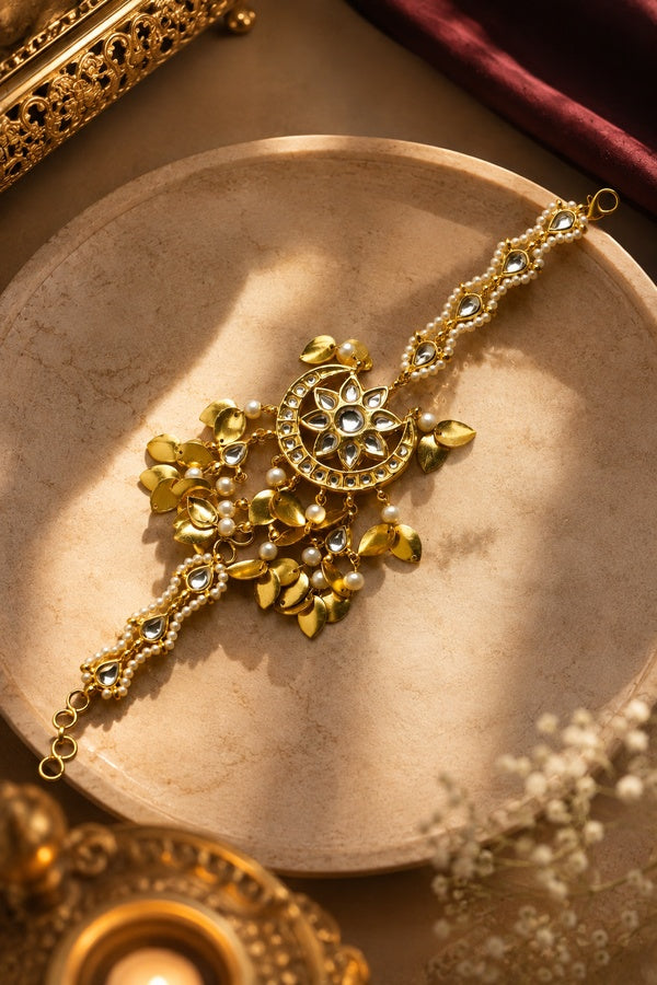 Statement Golden Bracelet with Pearls & Pipalpatti