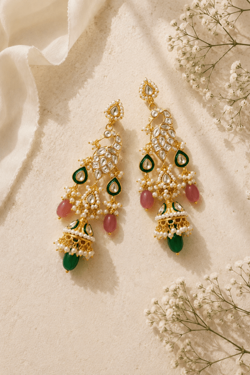 Green Meena Pink & Green Stone Ethnic Kundan Earrings