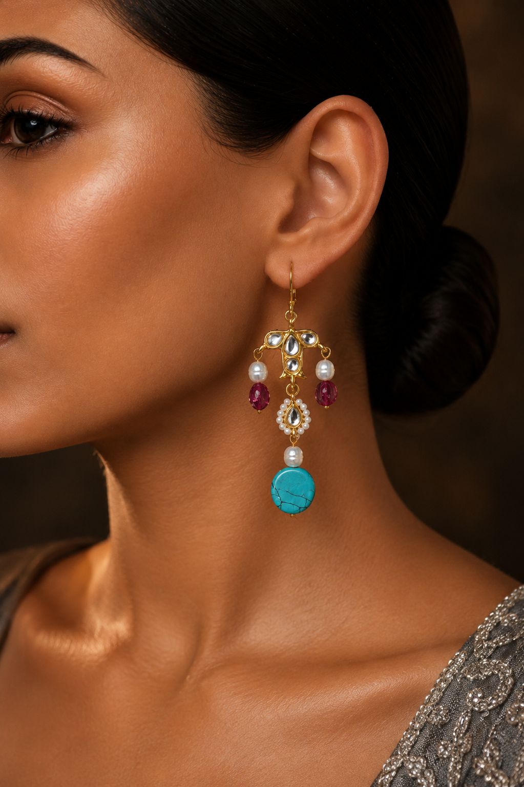 Turquoise Fish Kundan Danglers