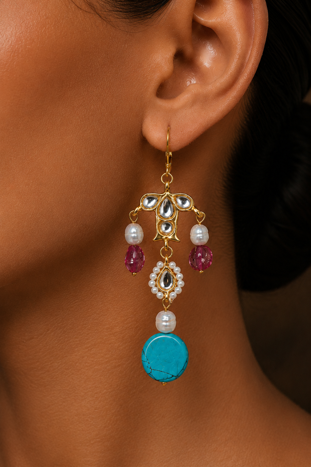 Turquoise Fish Kundan Danglers