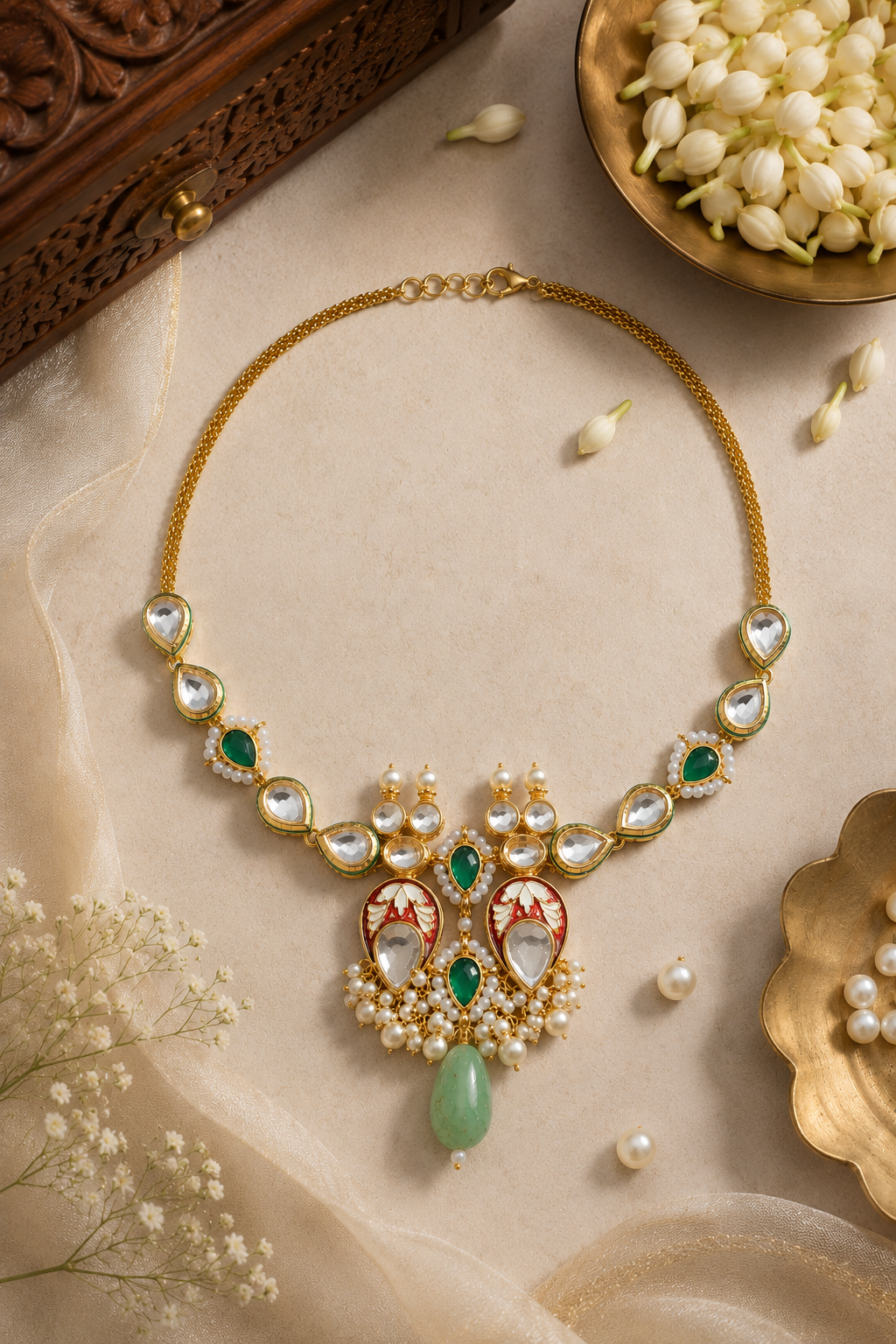 Red Enamel Green Kundan Green Drop Choker Necklace
