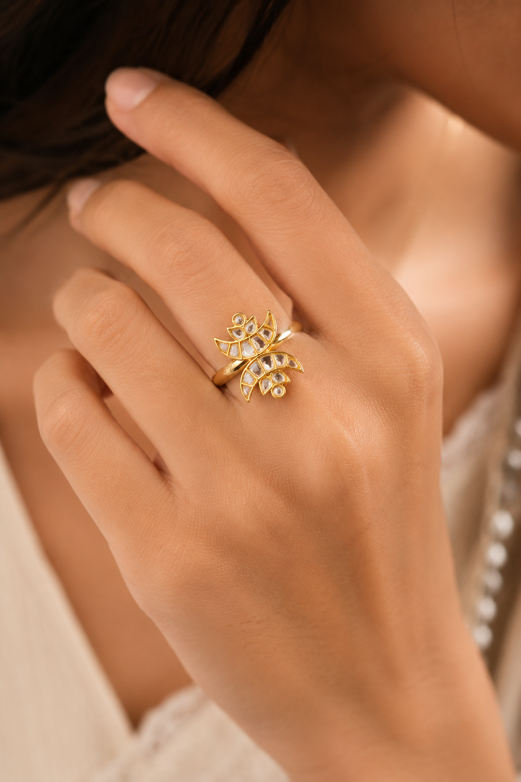 Gold & White Kundan Chand Ring