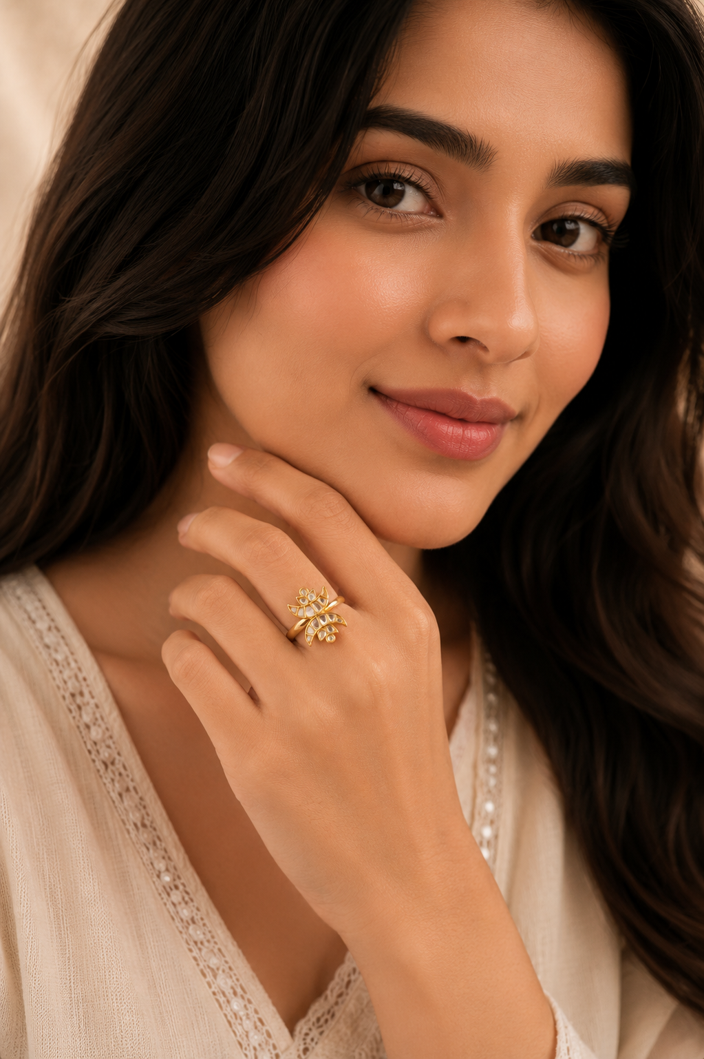 Gold & White Kundan Chand Ring