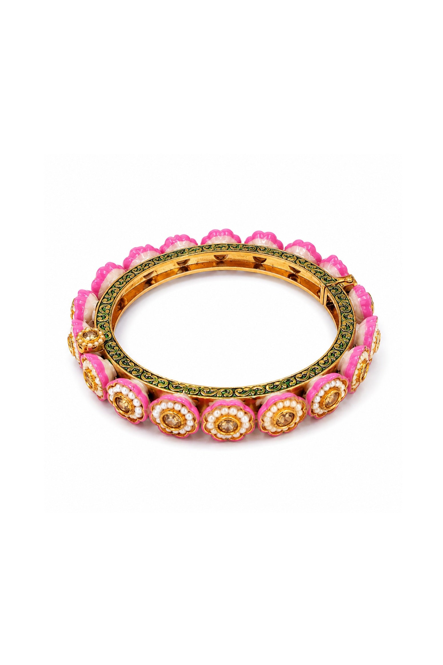 Golden Flower Kundan Bangle With Pearls