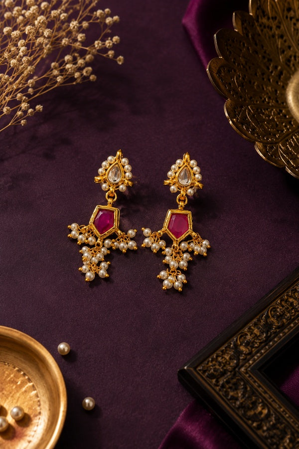 Kundan Red Hexa Drop Pearls Earrings