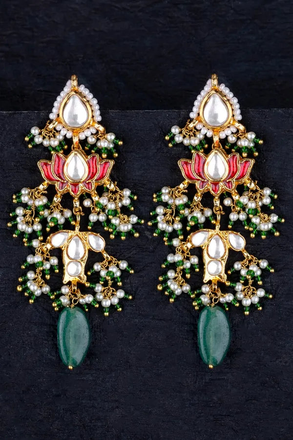 Gold Finish Red Lotus Fish Kundan Emeralds Dangler Earrings