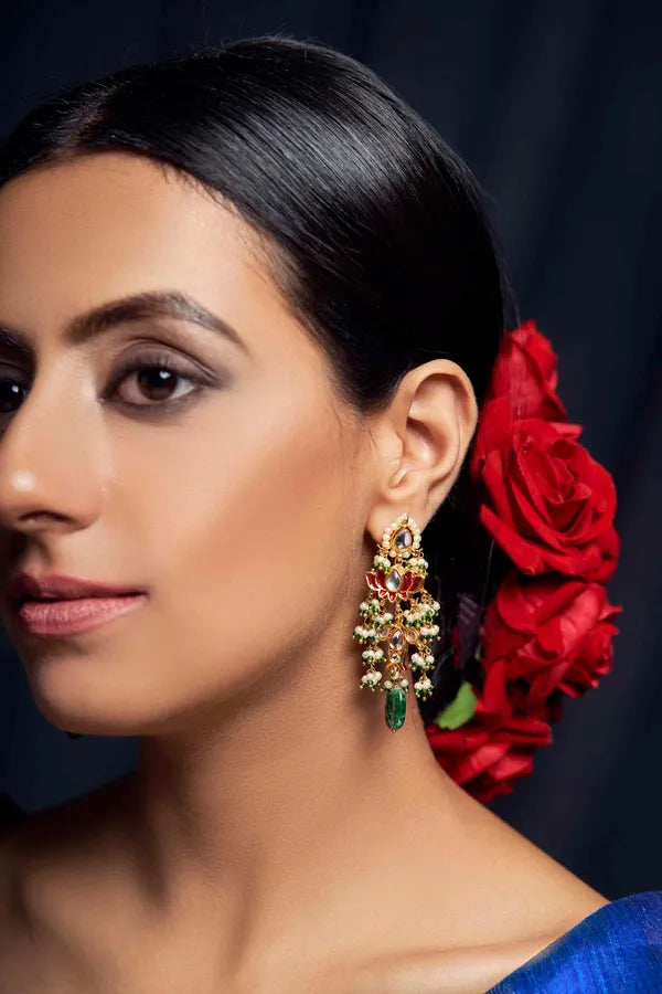 Gold Finish Red Lotus Fish Kundan Emeralds Dangler Earrings