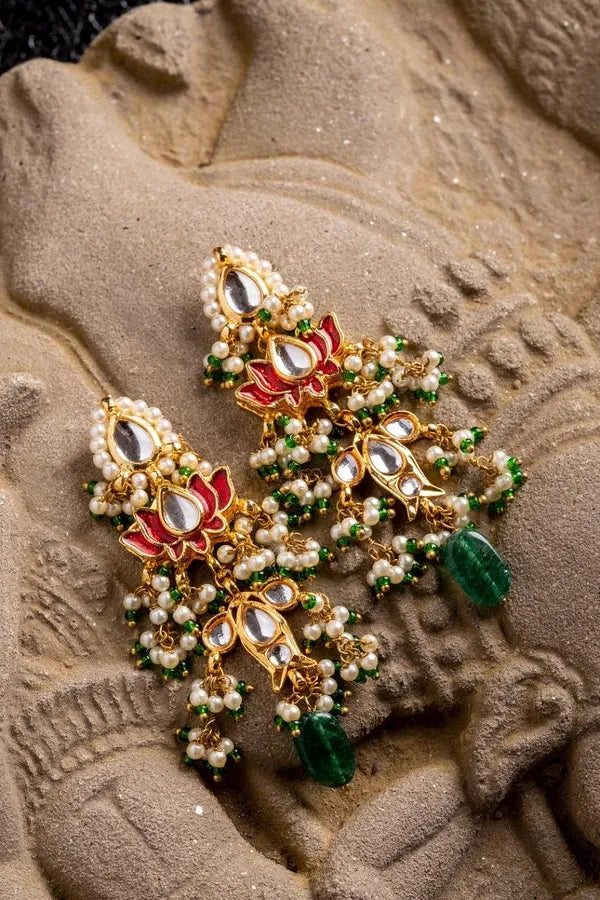 Gold Finish Red Lotus Fish Kundan Emeralds Dangler Earrings