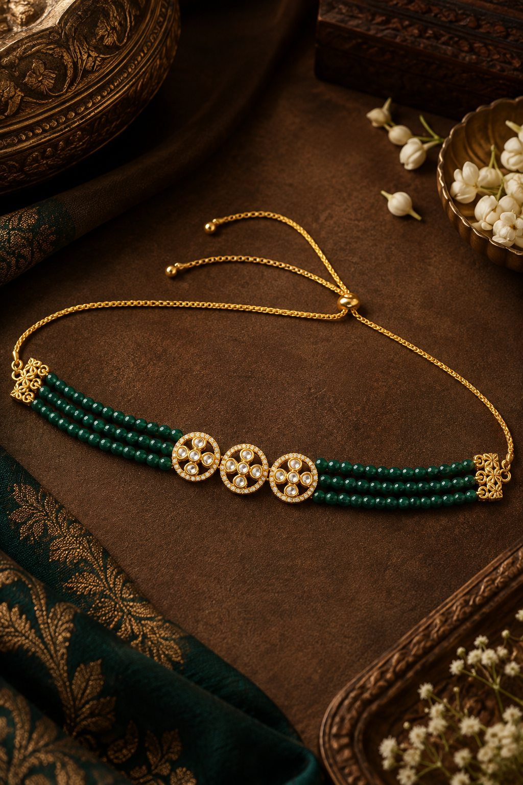 Green Beads Kundan Zirconia Flower Choker Necklace