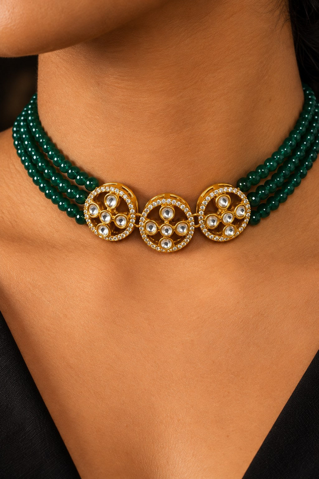 Green Beads Kundan Zirconia Flower Choker Necklace